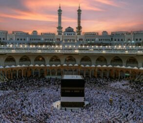 Photo by SULTAN ALHUTHALI Aerial view of the Kaaba surrounded by worshippers during dusk at the Grand Mosque in Mecca, Saudi Arabia.
